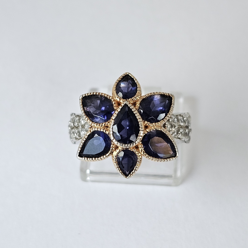 Genuine Iolite & White Zircon Ring Palladium Sterling Silver 18k RG Sz 8 - Picture 8 of 8